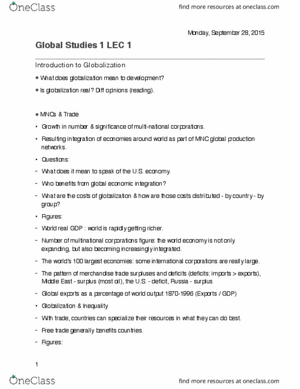 GLBL ST 1 Lecture Notes - Lecture 1: Economic Integration, Free Trade, Cultural Homogenization thumbnail