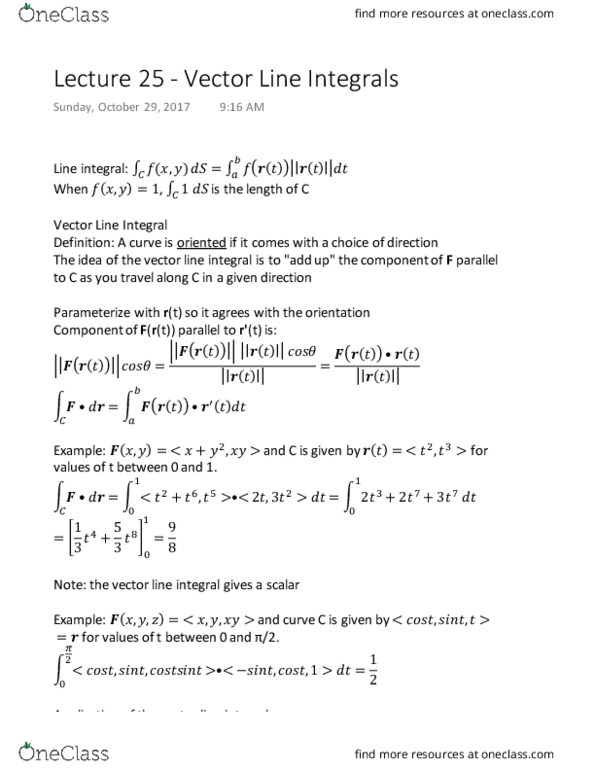 MATH 1920 Lecture Notes - Lecture 25: Line Integral thumbnail