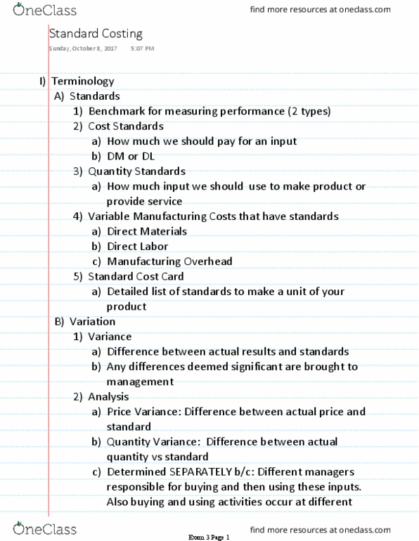 ACCTMIS 2300 Lecture 8: Standard Costing Notes thumbnail