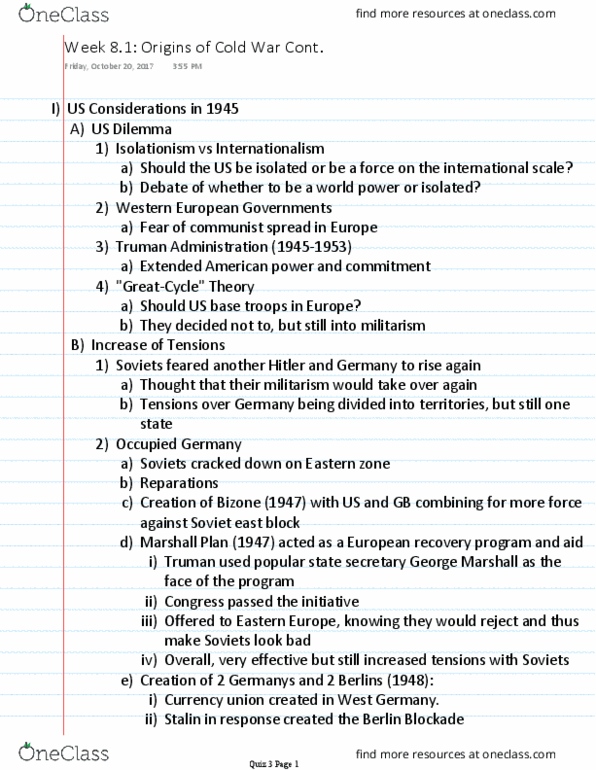 HISTORY 2500 Lecture Notes - Lecture 8: Berlin Blockade, Bizone, Allied-Occupied Germany thumbnail