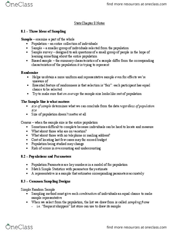 STA 309 Chapter Notes - Chapter 8: Sampling Frame, Sampling Bias, Response Bias thumbnail