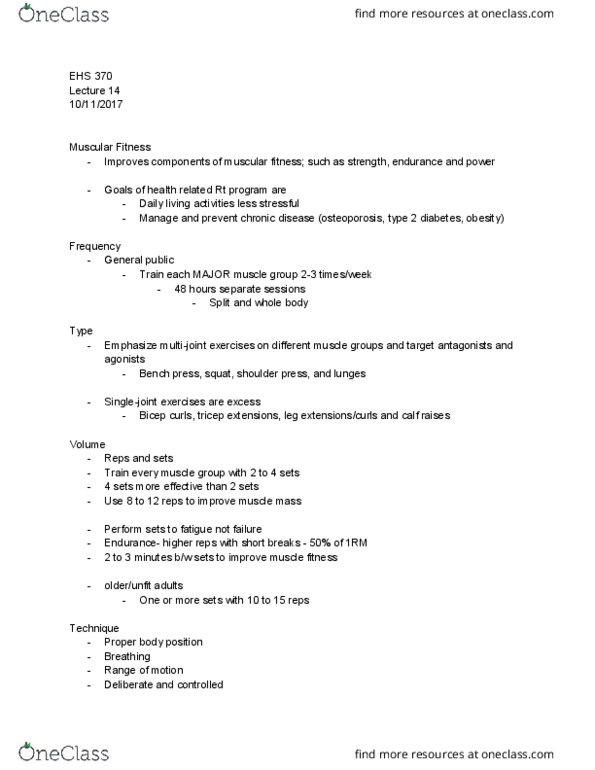 EHS 360 Lecture Notes - Lecture 15: Bench Press, Overhead Press, One-Repetition Maximum thumbnail