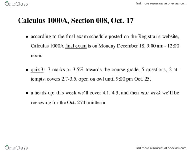 Calculus 1000A/B Lecture Notes - Lecture 13: Somerville House, Maxima And Minima thumbnail