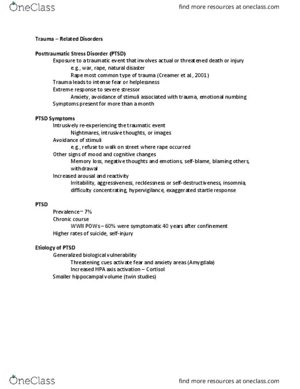 POLS 110 Lecture Notes - Lecture 9: Posttraumatic Stress Disorder, Startle Response, Hypervigilance thumbnail