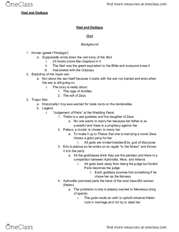 ENGLISH 1C06 Lecture Notes - Lecture 6: Iliad, Myrmidons, Calchas thumbnail