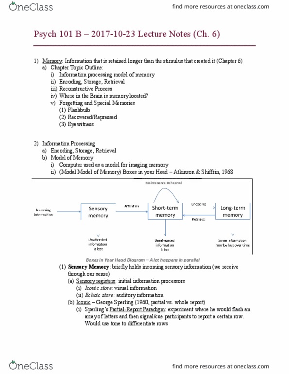 PSYCH 101 Lecture Notes - Lecture 20: George Sperling, Information Processing, Psych thumbnail