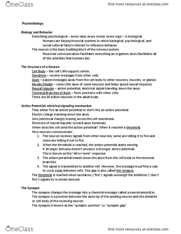 POLS 110 Lecture Notes - Lecture 6: Electric Charge, Reuptake, Biopsychosocial Model thumbnail