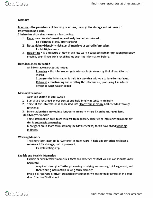 POLS 110 Lecture Notes - Lecture 2: Long-Term Memory, Echoic Memory, Sensory Memory thumbnail