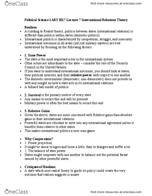 POLSCI 1AB3 Lecture Notes - Lecture 7: Billiard Ball, Power Projection, Rationality thumbnail