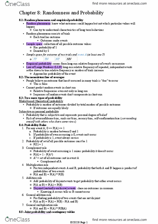 ECO220Y1 Chapter Notes - Chapter 8: Empirical Probability, Serial Position Effect, Sample Space thumbnail