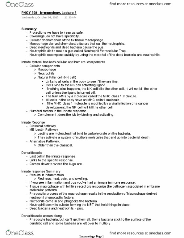 PHGY 209 Lecture Notes - Lecture 2: Natural Killer Cell, Innate Immune System, Bactericide thumbnail