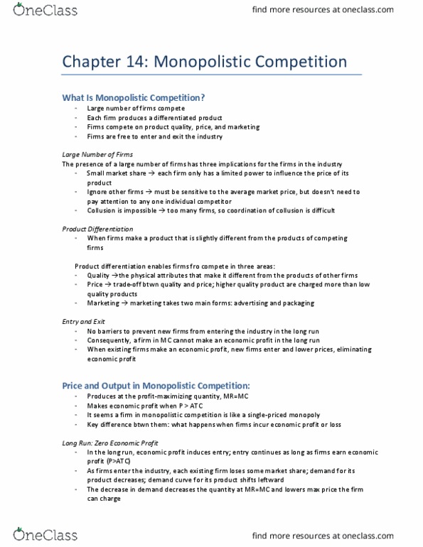 REAL 1820 Lecture Notes - Lecture 13: Monopolistic Competition, Marginal Cost, Perfect Competition thumbnail