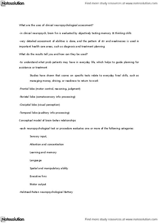 PSYC37H3 Chapter Notes - Chapter 10: Neuropsychological Assessment, Occipital Lobe, Parietal Lobe thumbnail