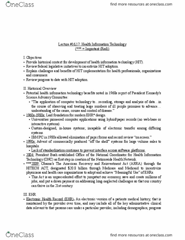 10:501:260 Lecture Notes - Lecture 11: Electronic Health Record, Health Information Technology For Economic And Clinical Health Act, Ehealth Exchange thumbnail