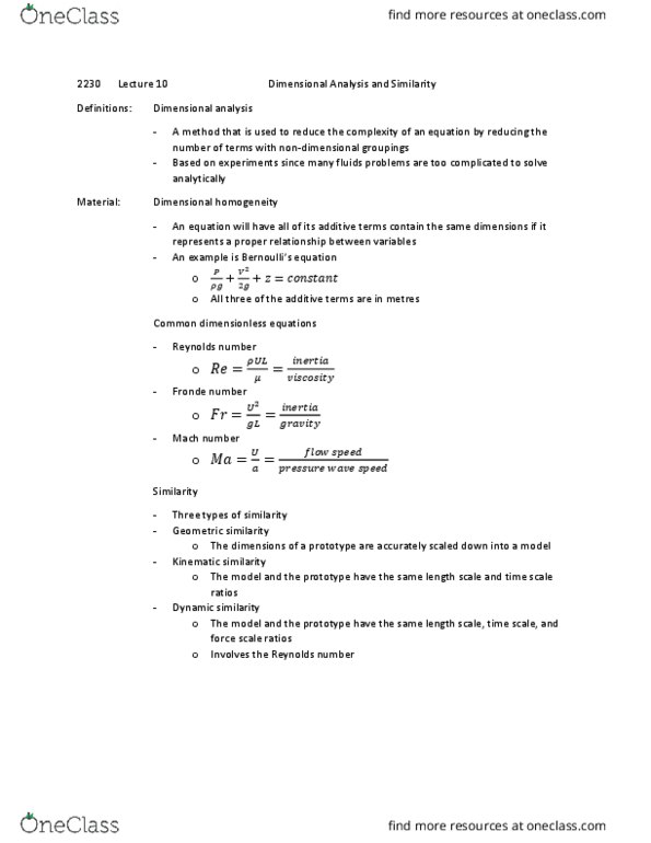 ENGG 2230 Lecture Notes - Lecture 10: Dimensional Analysis, Reynolds Number, Mach Number thumbnail