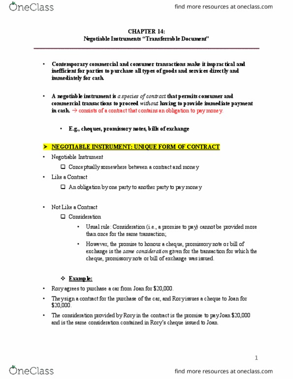 LAW 603 Chapter Notes - Chapter 14: Negotiable Instrument, Promissory Note, Cheque thumbnail