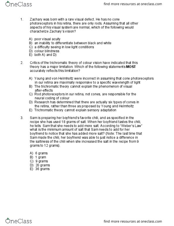 Psychology 1000 Lecture Notes - Lecture 7: Trichromacy, Visual Acuity, Color Vision thumbnail