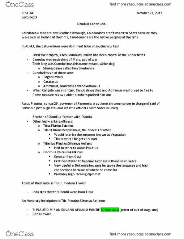 CLST 341 Lecture Notes - Lecture 13: Caer Caradoc, Camulodunum, Cunobeline thumbnail