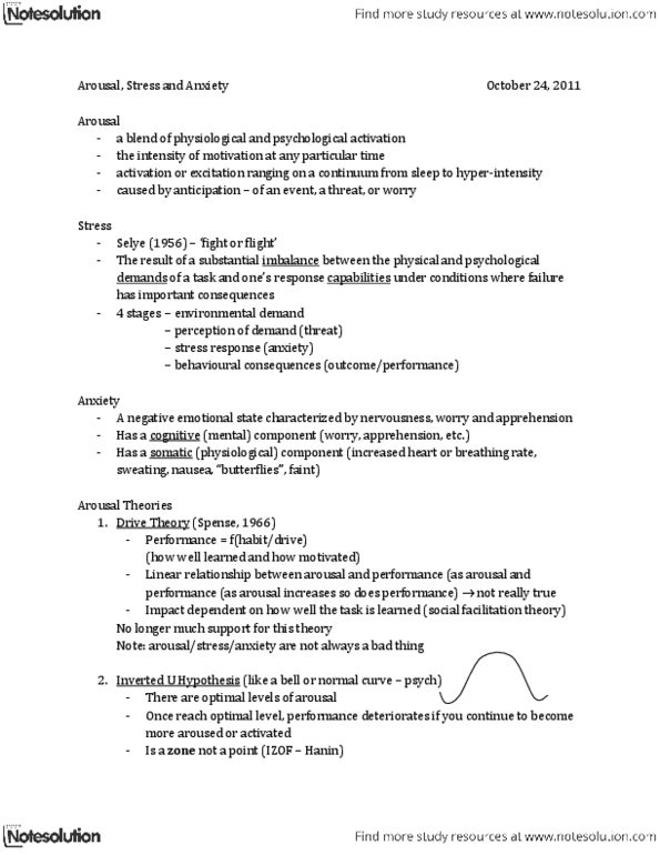 Kinesiology 1088A/B Lecture Notes - Autonomic Nervous System, Hyperintensity, Learned Helplessness thumbnail
