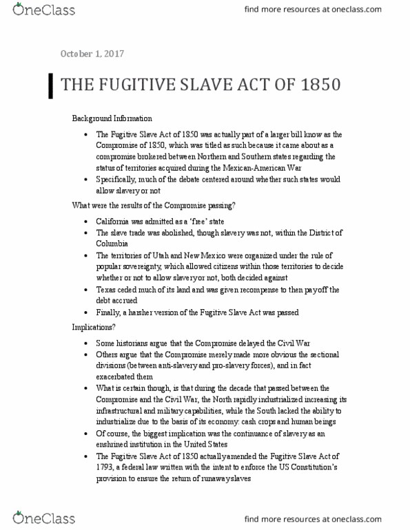 AMST 0862 Lecture Notes - Lecture 12: Fugitive Slave Act Of 1850 thumbnail