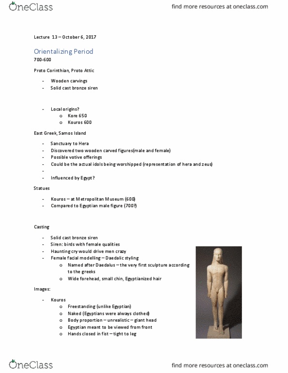 Visual Arts History 2247E Lecture Notes - Lecture 13: Orientalizing Period, Samos, Kouros thumbnail
