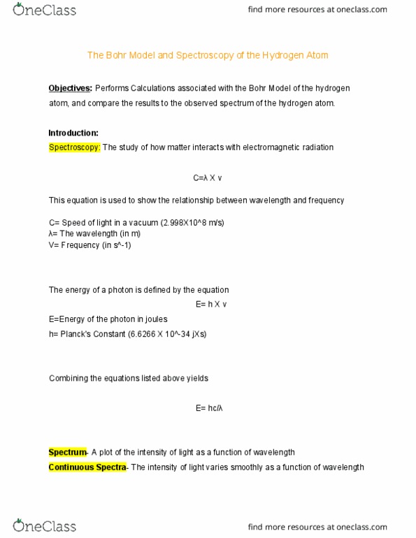 CHEM 212 Lecture Notes - Lecture 2: Bohr Model, Spectroscopy, Photon thumbnail