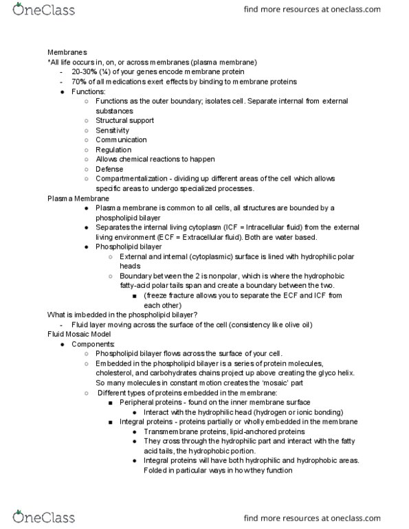 BIOL 1111 Lecture Notes - Lecture 2: Fluid Mosaic Model, Lipid Bilayer, Cell Membrane thumbnail