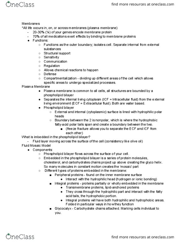 BIOL 1111 Lecture Notes - Lecture 2: Fluid Mosaic Model, Lipid Bilayer, Cell Membrane thumbnail