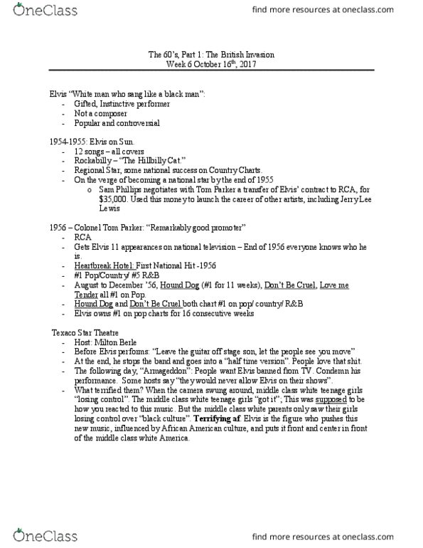 MUSIC 2II3 Lecture Notes - Lecture 6: Colonel Tom Parker, Texaco Star Theatre, African-American Culture thumbnail