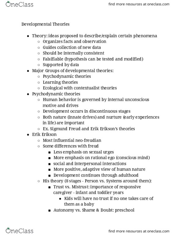 PSYCH 230 Lecture Notes - Lecture 3: Erik Erikson, Ecological Systems Theory, Social Learning Theory thumbnail