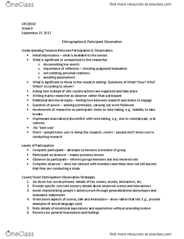 CRCJ 3002 Lecture Notes - Lecture 4: Participant Observation, Institute For Operations Research And The Management Sciences, Fieldnotes thumbnail