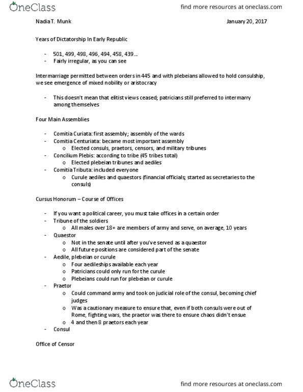 CLST 201 Lecture Notes - Lecture 4: Centuriate Assembly, Plebeian Council, Cursus Honorum thumbnail