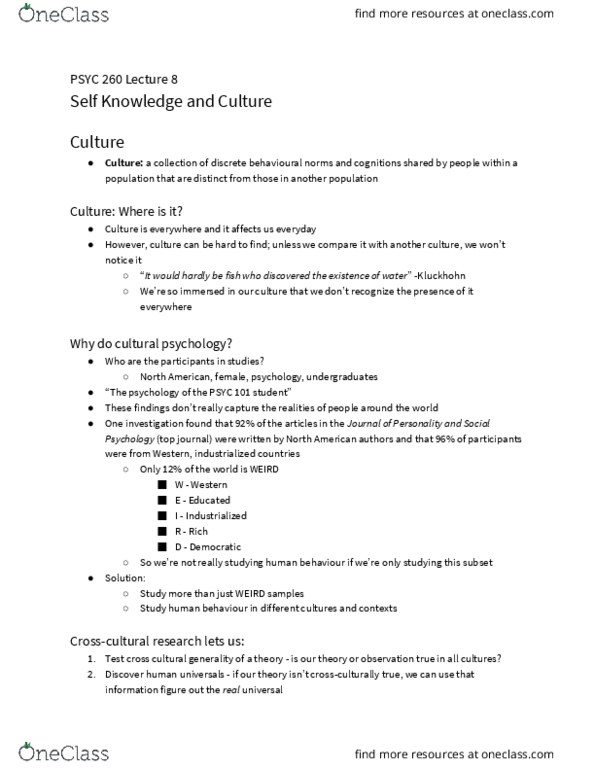 PSYC 260 Lecture 8: Self Knowledge and Culture thumbnail