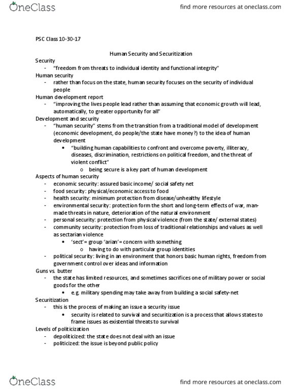 PSC 204 Lecture Notes - Lecture 17: Human Security, Environmental Security, Food Security thumbnail