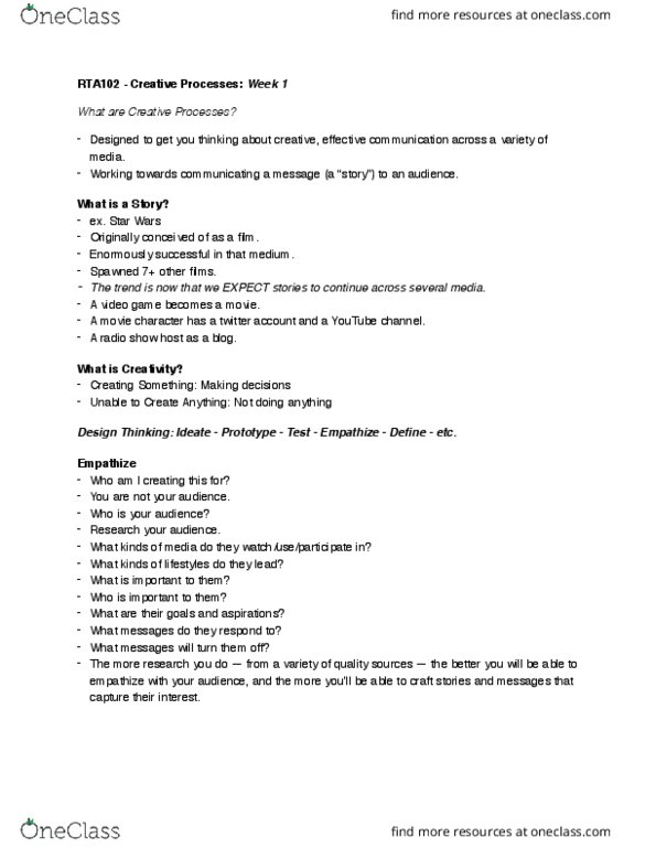 RTA 102 Lecture Notes - Lecture 1: Design Thinking, Time Management, Problem Solving thumbnail