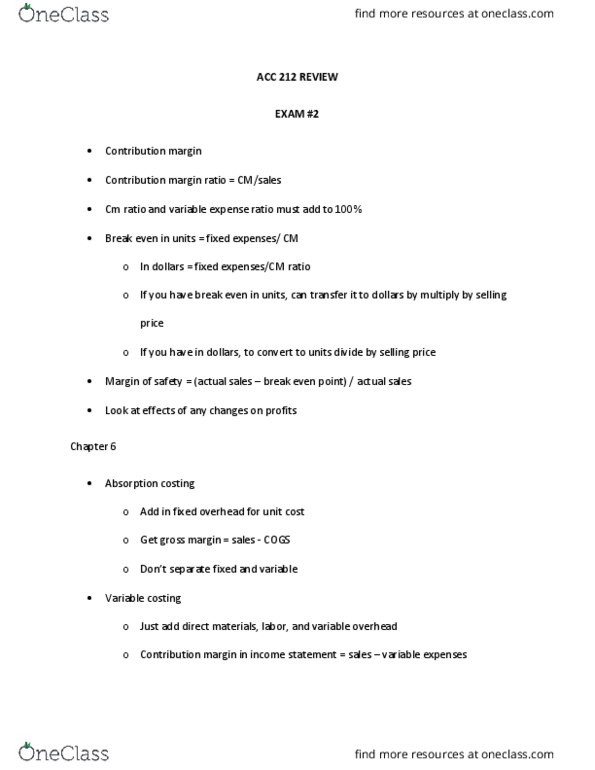 ACC 212 Chapter Notes - Chapter 5-7: Gross Margin, Contribution Margin, Income Statement thumbnail