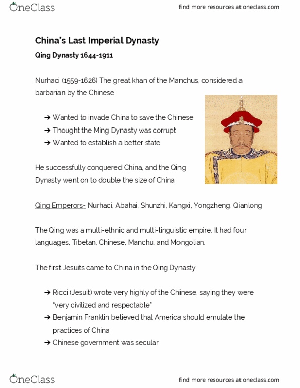 HIS 143 Lecture Notes - Lecture 2: Kangxi Emperor, Nurhaci, Yongzheng Emperor thumbnail