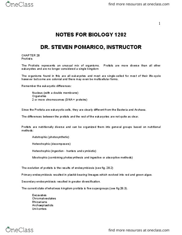 BIOL 1202 Lecture Notes - Lecture 2: Symbiogenesis, Protist, Mixotroph thumbnail
