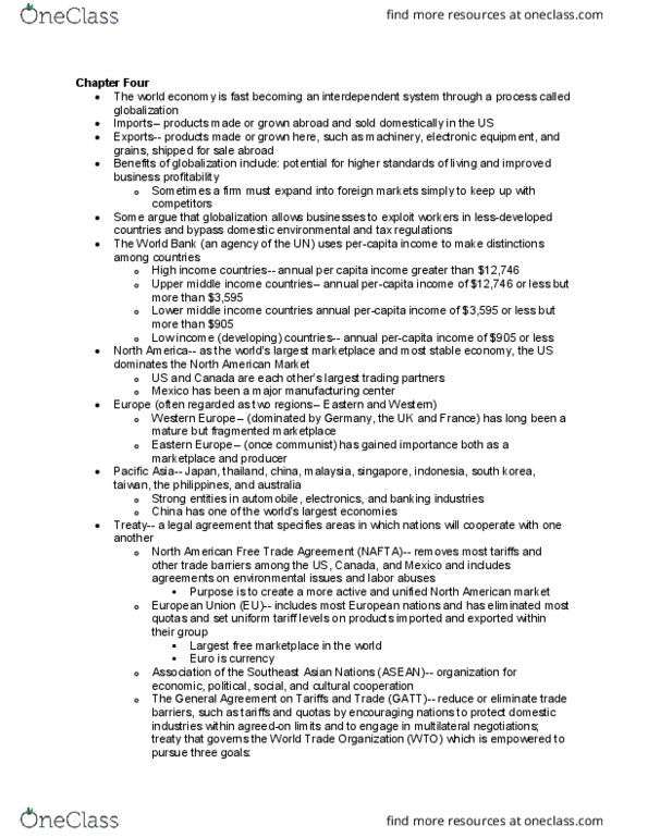 SOM 122 Chapter Notes - Chapter 4: North American Free Trade Agreement, World Trade Organization, Asia-Pacific thumbnail