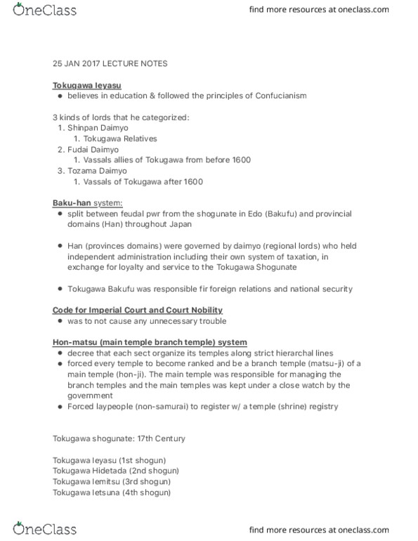EAS246H1 Lecture Notes - Lecture 3: Tokugawa Ietsuna, Tokugawa Tsunayoshi, Tokugawa Hidetada thumbnail