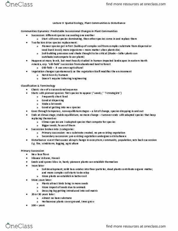 BIO120H1 Lecture Notes - Lecture 9: Pioneer Species, Primary Succession, Secondary Succession thumbnail