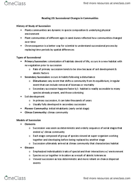 BIO120H1 Chapter Notes - Chapter 20: Climax Community, Primary Succession, Secondary Succession thumbnail