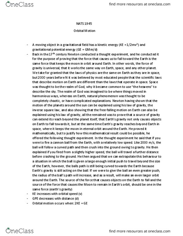 NATS 1945 Lecture Notes - Lecture 3: Inverse-Square Law, Orbit, Orbital Speed thumbnail