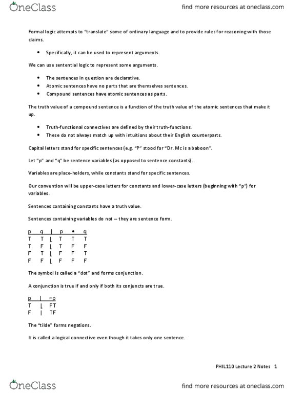 PHIL 110 Lecture Notes - Lecture 2: Propositional Calculus, Sentence Clause Structure, Logical Connective thumbnail