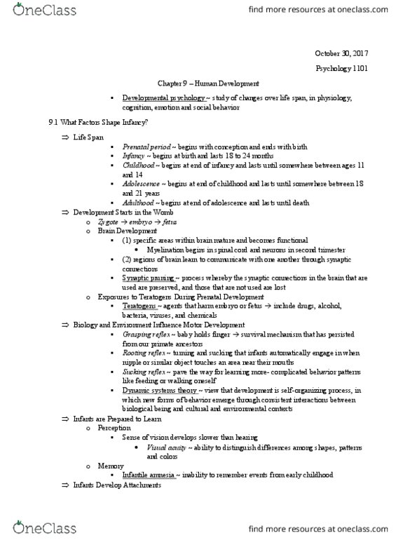 PSYC 1101 Chapter Notes - Chapter 9: Synaptic Pruning, Childhood Amnesia, Primitive Reflexes thumbnail