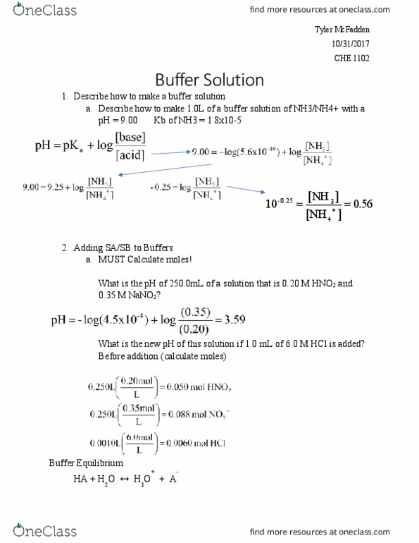 CHE-1102 Lecture Notes - Lecture 10: Buffer Solution, Ammonia, Sodium Hydroxide thumbnail