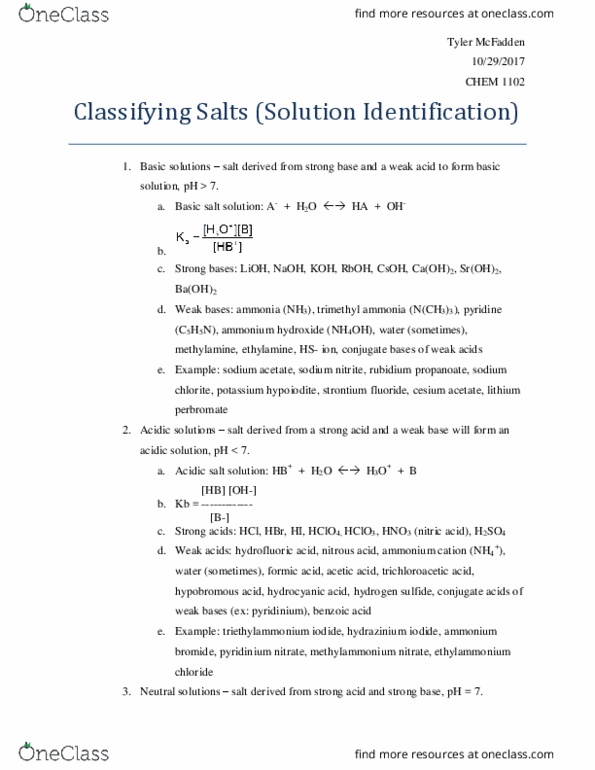 CHE-1102 Lecture Notes - Lecture 9: Ammonium Hydroxide, Sodium Chlorite, Potassium Nitrate thumbnail