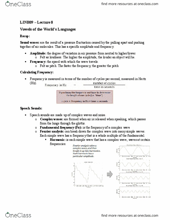 LINB09H3 Lecture Notes - Lecture 8: Front Vowel, Formant, Vocal Tract thumbnail