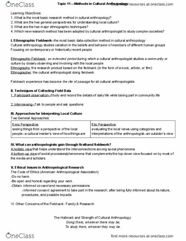 ANTH-2010 Lecture Notes - Lecture 11: American Anthropological Association, Informed Consent, Emic And Etic thumbnail