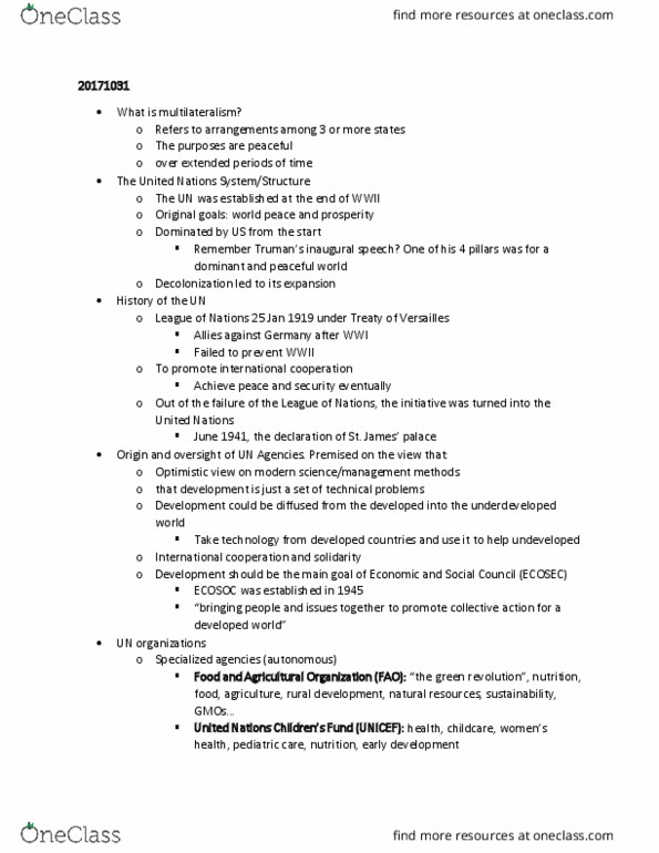 INDEV100 Lecture Notes - Lecture 9: United Nations Population Fund, United Nations Environment Programme, Multilateralism thumbnail